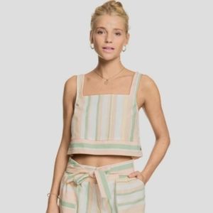 ROXY Square Neck Striped Linen Blend Cropped Top Womens M